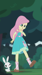 Size: 1242x2208 | Tagged: safe, screencap, angel bunny, fluttershy, equestria girls, g4, my little pony equestria girls: better together, stressed in show, stressed in show: fluttershy, boots, clothes, cropped, dress, female, looking down, mud, muddy, raised leg, sad, shoes, smiling, solo