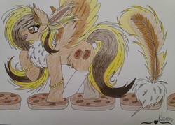 Size: 1014x728 | Tagged: safe, artist:animekaren94, oc, oc only, oc:chocolate feather, oc:sweet cookie, pegasus, pony, feather, female, food, mare, solo, traditional art