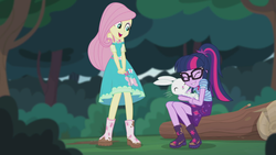 Size: 2208x1242 | Tagged: safe, screencap, angel bunny, fluttershy, sci-twi, twilight sparkle, butterfly, equestria girls, equestria girls series, g4, stressed in show, stressed in show: fluttershy, boots, clothes, dress, eyes closed, glasses, happy, log, mud, muddy, open mouth, ponytail, shoes, skirt, smiling, tree