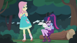 Size: 2208x1242 | Tagged: safe, screencap, angel bunny, fluttershy, sci-twi, twilight sparkle, butterfly, equestria girls, equestria girls series, g4, stressed in show, stressed in show: fluttershy, boots, cute, glasses, log, mud, muddy, nuzzling, ponytail, shoes, tree, twiabetes