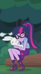 Size: 1242x2208 | Tagged: safe, screencap, angel bunny, sci-twi, twilight sparkle, equestria girls, equestria girls series, g4, stressed in show, stressed in show: fluttershy, boots, clothes, cropped, cute, eyes closed, glasses, mud, muddy, nuzzling, ponytail, shoes, skirt, twiabetes