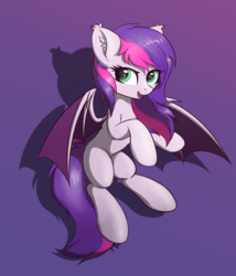 Size: 2214x2584 | Tagged: safe, artist:krash42, oc, oc only, bat pony, pony, bat pony oc, female, flying, gradient background, high res, mare, open mouth, purple background, solo