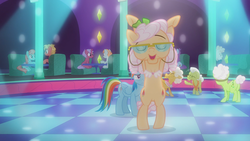 Size: 2560x1440 | Tagged: safe, screencap, apple rose, auntie applesauce, goldie delicious, granny smith, rainbow dash, svengallop, earth pony, pony, g4, grannies gone wild, dancing, female, male, mare, stallion