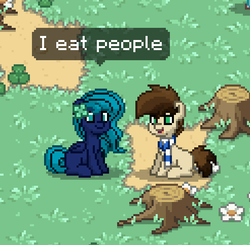 Size: 493x484 | Tagged: safe, oc, oc only, oc:midnight mist, earth pony, pegasus, pony, pony town, awkward, awkward moment, female, implied cannibalism, male, pixel art, random pony, tree stump, weird