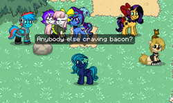 Size: 1076x645 | Tagged: safe, oc, oc:midnight mist, pegasus, pony, pony town, awkward moment, bacon, female, food, meat