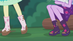 Size: 2208x1242 | Tagged: safe, fluttershy, sci-twi, twilight sparkle, butterfly, equestria girls, g4, my little pony equestria girls: better together, stressed in show, stressed in show: fluttershy, boots, legs, log, mud, muddy, pictures of legs, shoes