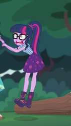 Size: 1242x2208 | Tagged: safe, screencap, fluttershy, sci-twi, twilight sparkle, equestria girls, g4, my little pony equestria girls: better together, stressed in show, stressed in show: fluttershy, boots, clothes, cropped, faic, female, glasses, jumping, log, mud, muddy, open mouth, ponytail, shoes, shrunken pupils, skirt, solo focus, stressed