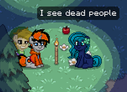Size: 605x438 | Tagged: safe, oc, oc:midnight mist, earth pony, pegasus, pony, unicorn, pony town, awkward moment, conversation, funny, i see dead people, movie reference