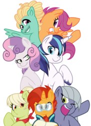 Size: 779x1071 | Tagged: dead source, safe, artist:candie-cane-draws, granny smith, limestone pie, scootaloo, shining armor, sunburst, sweetie belle, zephyr breeze, earth pony, pegasus, pony, unicorn, g4, alternate universe, base used, glasses, simple background, transparent background, young granny smith, younger