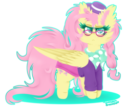 Size: 1024x860 | Tagged: safe, artist:vanillaswirl6, fluttershy, pegasus, pony, fake it 'til you make it, g4, :<, braid, cheek fluff, clothes, colored eyelashes, colored pupils, ear fluff, female, fluffy, glasses, hair tie, hat, hipster, hipstershy, scarf, simple background, skirt, solo, sweater, sweatershy, transparent background