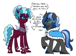 Size: 900x662 | Tagged: safe, artist:pikokko, oc, oc only, changepony, hybrid, brother and sister, curved horn, duo, female, half-siblings, horn, interspecies offspring, magical gay spawn, male, offspring, parent:king sombra, parent:oc:marshall (marshmallow), parent:queen chrysalis, parents:canon x oc, raised hoof, sombra eyes, stallion, unshorn fetlocks, white