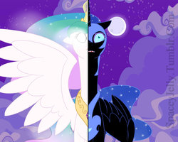 Size: 1024x819 | Tagged: safe, artist:neoncandies, nightmare moon, princess celestia, alicorn, pony, g4, banishment, crying, duo, ethereal mane, female, glowing eyes, helmet, jewelry, mare, moon, regalia, spread wings, starry mane, starry night, teeth, two sides, wings