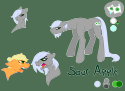 Size: 1024x751 | Tagged: safe, artist:neoncandies, applejack, oc, oc:sour apple, earth pony, pony, g4, alternate hairstyle, argument, bags under eyes, bust, cutie mark, duo, female, green background, male, mare, mother and son, offspring, open mouth, parent:applejack, parent:count caesar, reference sheet, simple background, stallion