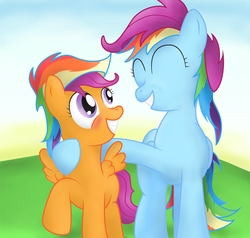 Size: 1826x1736 | Tagged: safe, artist:041744, rainbow dash, scootaloo, pegasus, pony, g4, cute, cutealoo, dashabetes, duo, hug, scootalove, wig