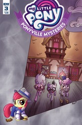 Size: 1054x1600 | Tagged: safe, artist:agnesgarbowska, idw, apple bloom, chelsea porcelain, mr. waddle, pearly stitch, scootaloo, sweetie belle, earth pony, pony, g4, spoiler:comic, spoiler:comicponyvillemysteries3, clothes, cover, female, filly, mare