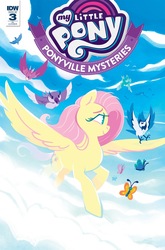 Size: 1054x1600 | Tagged: safe, artist:justasuta, artist:justyna babinska, fluttershy, bird, blue jay, butterfly, pegasus, pony, idw, ponyville mysteries, spoiler:comic, spoiler:comicponyvillemysteries3, cloud, comic cover, cover, female, flying, hooves, lineless, mare, sky, smiling, spread wings, wings