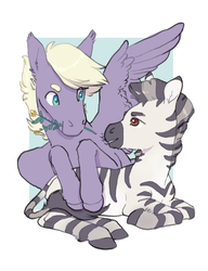 Size: 1051x1372 | Tagged: safe, artist:amphoera, oc, oc only, oc:gale force, oc:sahay, pegasus, pony, zebra, cuddling, duo, ear fluff, flower, flower in mouth, gay, looking at each other, lying, male, mouth hold, oc x oc, plant, prone, shipping, simple background, spread wings, wings, zebra oc