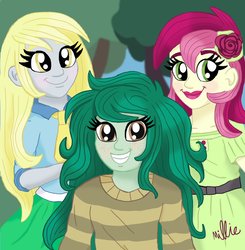 Size: 1177x1200 | Tagged: safe, artist:millie dubois, derpy hooves, roseluck, wallflower blush, equestria girls, equestria girls series, forgotten friendship, g4, looking at you