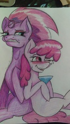 Size: 1836x3264 | Tagged: safe, artist:zomixnu, berry punch, berryshine, fizzlepop berrytwist, tempest shadow, g4, my little pony: the movie, blushing, broken horn, cocktail glass, colored pencil drawing, drunk, duo, horn, traditional art