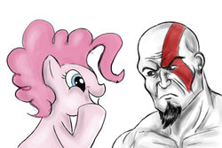 Size: 900x600 | Tagged: safe, artist:neroscottkennedy, pinkie pie, human, g4, crossover, god of war, grin, kratos, looking at each other, simple background, smiling, unamused, white background