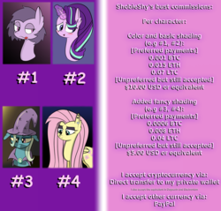 Size: 2724x2600 | Tagged: safe, artist:shobieshy, fluttershy, starlight glimmer, trixie, oc, oc:bee, pegasus, pony, unicorn, fake it 'til you make it, g4, bedroom eyes, bitcoin, bust, candy, comic sans, commission info, confused, cryptocurrency, cutie mark, ear fluff, ear piercing, ethereum, eyebrows, eyelashes, female, floppy ears, fluttergoth, food, high res, litecoin, lollipop, looking down, magic, makeup, mare, nervous, piercing, unamused