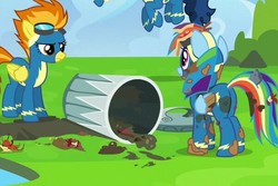 Size: 601x401 | Tagged: safe, screencap, rainbow dash, spitfire, pegasus, pony, g4, newbie dash, angry, clothes, cropped, dirty, duo focus, female, goggles, mare, trash can, uniform, wonderbolts uniform