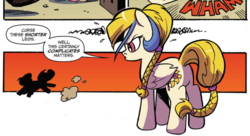 Size: 985x536 | Tagged: safe, artist:andypriceart, idw, official comic, golden feather, princess celestia, pegasus, pony, g4, spoiler:comic, spoiler:comic65, braid, braided tail, butt, cropped, disguise, female, mare, plot, speech bubble, upset