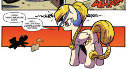 Size: 985x536 | Tagged: safe, artist:andy price, idw, official comic, golden feather, princess celestia, pegasus, pony, g4, spoiler:comic, spoiler:comic65, braid, braided tail, butt, cropped, disguise, female, mare, plot, speech bubble, upset