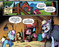 Size: 1023x815 | Tagged: safe, artist:andy price, idw, official comic, auntie shadowfall, scarlet petal, winter comet, earth pony, pony, g4, spoiler:comic, spoiler:comic65, brother and sister, cane, cloak, clothes, colt, comic, cropped, female, filly, foal, hoodie, male, mare, speech bubble, sweater