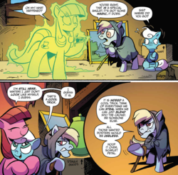 Size: 1053x1031 | Tagged: safe, artist:andypriceart, idw, official comic, auntie shadowfall, scarlet petal, winter comet, earth pony, pony, g4, spoiler:comic, spoiler:comic65, brother and sister, cane, cloak, clothes, colt, comic, cropped, female, filly, male, mare, speech bubble, sweater, transformation, transformed