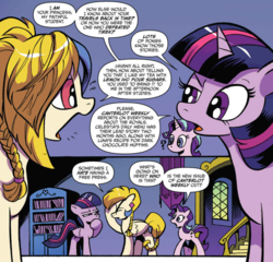 Size: 1050x1008 | Tagged: safe, artist:andypriceart, idw, official comic, golden feather, princess celestia, starlight glimmer, twilight sparkle, alicorn, pegasus, pony, unicorn, g4, spoiler:comic, spoiler:comic65, braid, braided tail, comic, cropped, female, hoof on chin, mare, narrowed eyes, question mark, speech bubble, suspicious, transformed, twilight sparkle (alicorn)