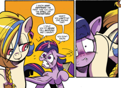 Size: 1021x745 | Tagged: dead source, safe, artist:andy price, idw, official comic, golden feather, princess celestia, twilight sparkle, alicorn, pony, g4, spoiler:comic, spoiler:comic65, blushing, braid, comic, cropped, duo, ear piercing, earring, embarrassed, eyes closed, faic, female, jewelry, mare, noodle incident, piercing, speech bubble, transformed, twilight sparkle (alicorn), whispering
