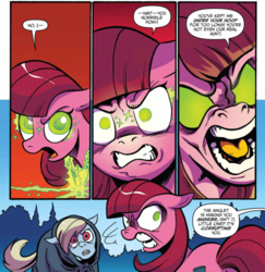 Size: 1075x1106 | Tagged: safe, artist:andy price, idw, official comic, auntie shadowfall, scarlet petal, earth pony, pony, g4, spoiler:comic, spoiler:comic65, angry, cloak, clothes, comic, corrupted, cropped, female, glowing eyes, implied princess celestia, mare, nightmare fuel, offscreen character, scary, speech bubble