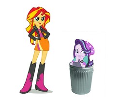 Size: 1275x1050 | Tagged: safe, starlight glimmer, sunset shimmer, equestria girls, g4, abuse, beanie, boots, downvote bait, drama, glimmerbuse, hat, high heel boots, op is a duck, op is trying to start shit, out of character, sad, scaredy glimmer, shoes, simple background, starlight drama, trash can, white background