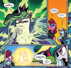 Size: 925x883 | Tagged: safe, artist:andypriceart, idw, official comic, auntie shadowfall, princess celestia, scarlet petal, winter comet, pony, g4, spoiler:comic, spoiler:comic65, amulet, andy you magnificent bastard, angry, brother and sister, celestia is not amused, colt, comic, cropped, crowning moment of awesome, female, filly, jewelry, magic bubble, majestic, male, mare, momlestia fuel, now you fucked up, sick of your shit, speech bubble, unamused
