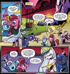 Size: 943x997 | Tagged: safe, artist:andypriceart, official comic, auntie shadowfall, princess celestia, princess luna, scarlet petal, starlight glimmer, tiberius, twilight sparkle, winter comet, alicorn, pony, idw, spoiler:comic, spoiler:comic65, adopted offspring, adoption, andy you magnificent bastard, annoyed, auntie luna, boop, brother and sister, colt, comic, cropped, faic, female, filly, foal, getting real tired of your shit, hot air balloon, luna is not amused, magic bubble, male, mare, momlestia fuel, royal guard, royal sisters, speech bubble, twilight sparkle (alicorn)