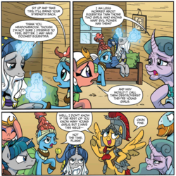 Size: 906x906 | Tagged: safe, artist:brenda hickey, idw, official comic, flash magnus, meadowbrook, mistmane, rockhoof, somnambula, star swirl the bearded, stygian, earth pony, pegasus, pony, unicorn, g4, legends of magic annual 2018, my little pony: legends of magic, spoiler:comic, bed, cabin, comic, curved horn, cute, drinking, facehoof, female, glowing horn, horn, implied princess celestia, implied princess luna, implied royal sisters, in bed, magic, male, mare, meadowbrook is not amused, meadowcute, mistmane is not amused, picture, pillars of equestria, potion, rockhoof is not amused, sad, sadorable, somnambetes, somnambula is not amused, speech bubble, stallion, star swirl is not amused, stygian is not amused, telekinesis, unamused