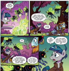 Size: 917x943 | Tagged: safe, artist:brendahickey, idw, official comic, rockhoof, stygian, beetle, earth pony, firefly (insect), insect, pony, unicorn, g4, legends of magic, spoiler:comic, spoiler:comiclomannual, comic, forest, male, speech bubble, stallion