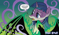 Size: 1043x628 | Tagged: safe, artist:brenda hickey, idw, official comic, pony of shadows, stygian, pony, unicorn, g4, legends of magic annual 2018, my little pony: legends of magic, spoiler:comic, alternate hairstyle, alternate universe, long hair, male, plot twist, ponytail, speech bubble, stallion, the end