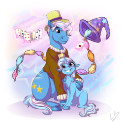 Size: 4500x4500 | Tagged: safe, artist:lupiarts, jack pot, trixie, pony, unicorn, g4, grannies gone wild, absurd resolution, clothes, cute, diatrixes, father and daughter, female, filly, filly trixie, glowing horn, hat, horn, hug, levitation, magic, male, playing card, scarf, signature, sitting, smiling, telekinesis, top hat, trixie's hat, unshorn fetlocks, younger