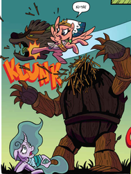Size: 582x770 | Tagged: safe, artist:brenda hickey, idw, official comic, mistmane, somnambula, bear, lumber bear, pegasus, pony, unicorn, g4, legends of magic annual 2018, my little pony: legends of magic, spoiler:comic, curved horn, death, decapitated, decapitation, ethereal mane, female, horn, kick, mare, severed head, you know for kids