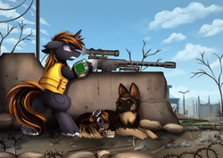 Size: 3508x2480 | Tagged: safe, artist:pridark, oc, oc only, dog, pony, unicorn, fallout equestria, barbed wire, clothes, commission, dead tree, ear fluff, foal, gun, hearing aid, high res, horn, optical sight, pipbuck, rifle, ruins, scenery, sniper rifle, tail, teeth, tree, wasteland, weapon