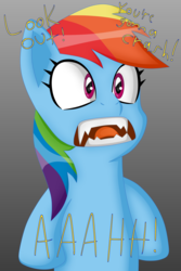 Size: 3495x5243 | Tagged: safe, artist:sergeant16bit, rainbow dash, pony, g4, crossover, dreamcast, face, female, gradient background, male, reference, sharp teeth, solo, sonic adventure, sonic the hedgehog, sonic the hedgehog (series), speech, teeth, text