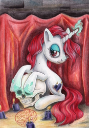 Size: 700x1006 | Tagged: safe, artist:andpie, oc, oc only, pony, unicorn, candle, female, glowing horn, horn, magic, magic circle, mare, skull, solo, telekinesis, traditional art