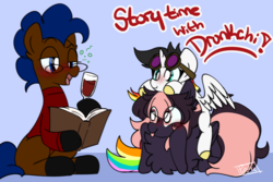 Size: 1024x686 | Tagged: safe, artist:silverknight27, oc, oc only, oc:keychi, oc:lightning bliss, oc:silver rose, alicorn, earth pony, pegasus, pony, alcohol, book, clothes, female, glass, hoof hold, male, mare, rainbow tail, stallion, sweater, wine, wine glass
