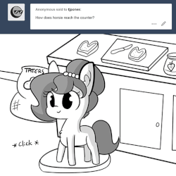 Size: 495x495 | Tagged: safe, artist:tjpones, oc, oc only, oc:brownie bun, earth pony, pony, horse wife, animated, ask, bread, chest fluff, comic, counter, cupboard, ear fluff, female, food, gif, grayscale, horse tech, jelly, knife, mare, monochrome, platform, potato, sack, simple background, slice of life, smiling, speen, spinning, taters, tumblr, white background