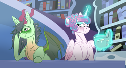 Size: 3096x1677 | Tagged: safe, artist:anyatrix, princess flurry heart, oc, oc:dragonfly, dragonling, hybrid, g4, blushing, book, interspecies offspring, magic, magical gay spawn, offspring, older, older flurry heart, parent:spike, parent:thorax, parents:thoraxspike