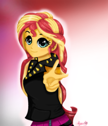 Size: 955x1115 | Tagged: safe, artist:lovelygirlmusicer, sunset shimmer, equestria girls, equestria girls series, g4, clothes, cute, female, jacket, leather jacket, looking at you, moe, peace sign, skirt, smiling, solo