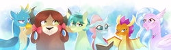 Size: 3311x976 | Tagged: safe, artist:waterz-colrxz, gallus, ocellus, sandbar, silverstream, smolder, yona, changedling, changeling, classical hippogriff, dragon, earth pony, griffon, hippogriff, pony, yak, g4, school daze, book, digital art, dragoness, female, group, looking at you, male, student six, teenager