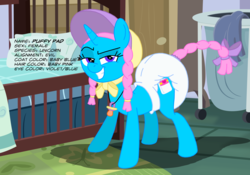 Size: 3851x2697 | Tagged: safe, artist:boxtrot, oc, oc:puffy pad, pony, unicorn, abdl, adult foal, antagonist, bonnet, braid, braided tail, crib, diaper, diaper fetish, dreamworks face, fetish, high res, non-baby in diaper, pacifier, poofy diaper